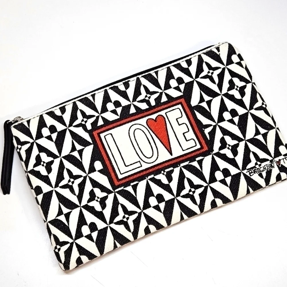 NEW Brighton LOVE Black & White Heart Canvas Makeup Pouch Clutch Bag